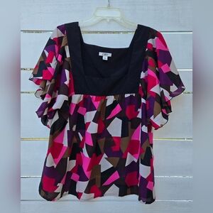 Cato Colorful Abstract Flowy Chiffon SS Blouse Square Neck Women's Size XL Top